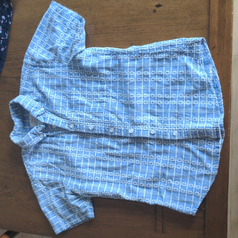 Wildfang blue and white summer button down shirt sleeve embroidered shirt